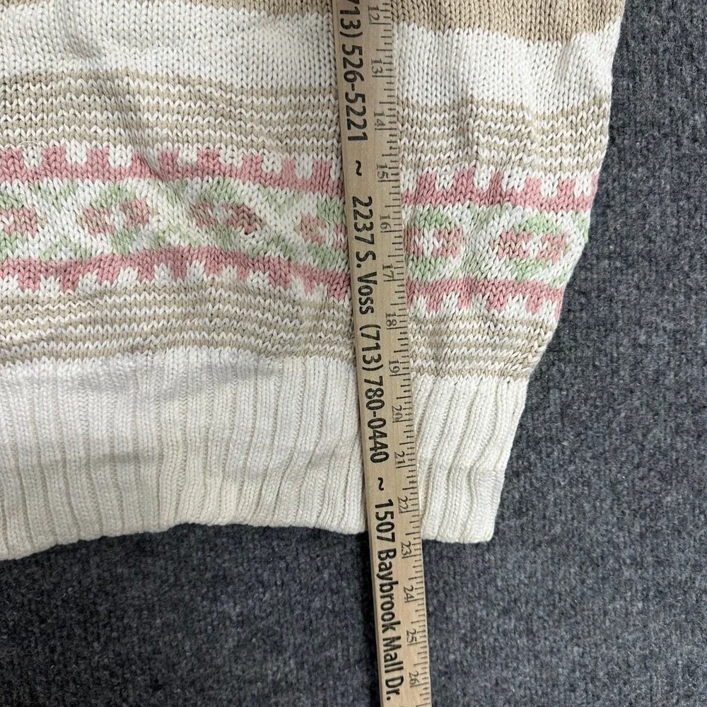 Lizsport Sweater Womens Large Cream Tan Striped Fair Isle Short Sleeve Ramie